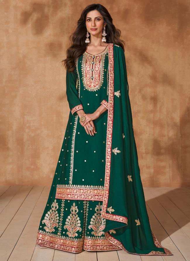 Silk Green Wedding Wear Embroidery Work Readymade Sharara Suit